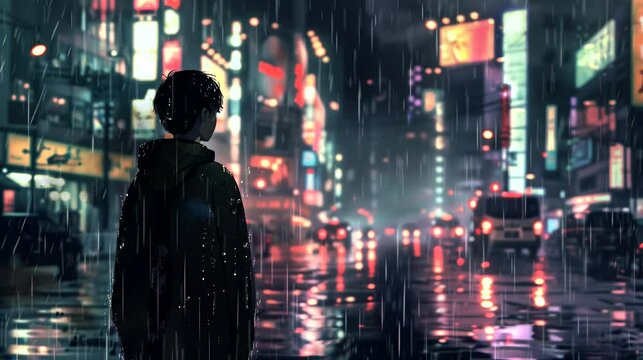 A Man lost in thought as rain falls on a bustling city street. Anime or digital painting style, looping 4k video animation background