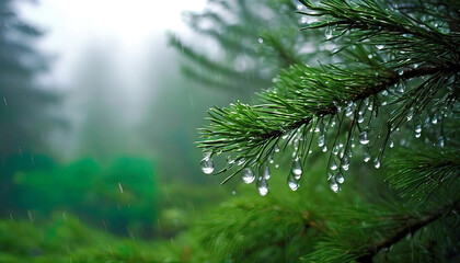Obraz premium coniferous wet forest during fog in the rain, Green fresh pine needles in the rain, raindrops, pouring rain, beautiful forest,
