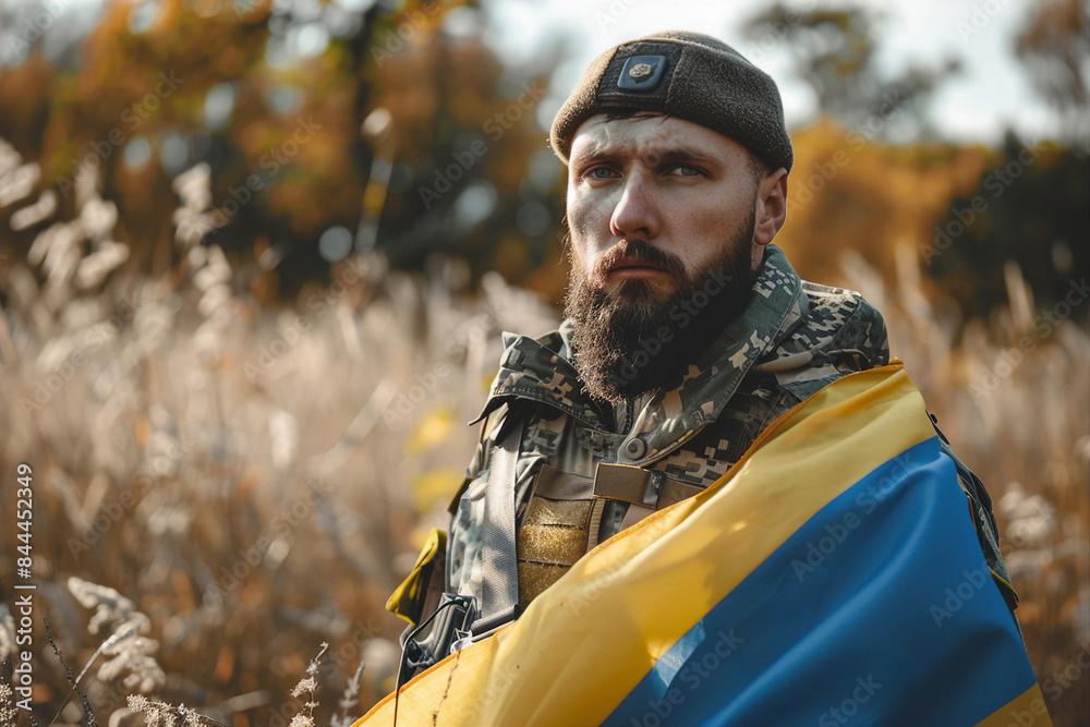 Wall mural Generative AI illustration of serious young male soldier in protective uniform and ukrainian flag - Wall murals