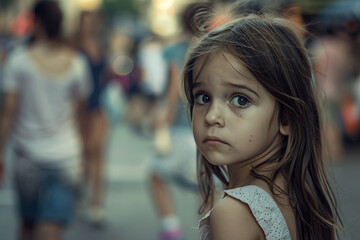 Fototapeta premium Poor little kid lost in big city forest woods airport street, Generative AI modern technology picture