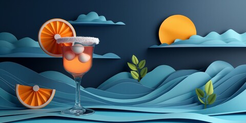 Naklejka premium cocktail with night nature scene, paper art illustration, summer night part, 