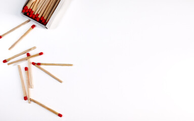 Matches on the table. Matches. Close-up. Wallpaper. White background. View from above