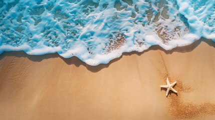 Fototapeta premium Top view of sea shore. Waves splashing tropical sand beach with starfish. Summer vacation concept.
