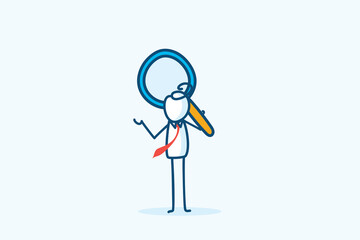 businessman stick figure character holding a large magnifying glass. solving problem or trouble, Problem analysis, analyze information concept. hand drawn style vector doodle illustration