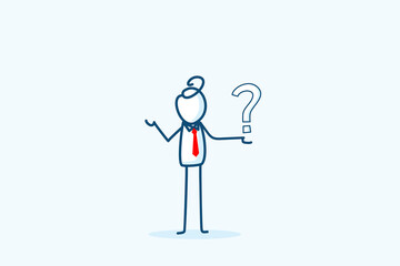 businessman stick figure character showing a small question mark on hand. problem solve, finding solution, business thinking to make decision concept. hand drawn style vector doodle illustration