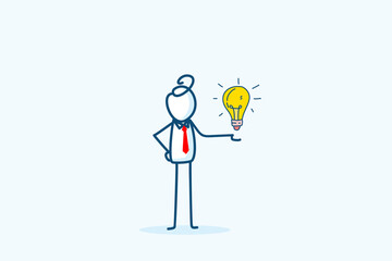 Obraz premium businessman stick figure character with red tie hold tiny small glowing light bulb on hand. creativity, innovation, new ideas in a business context. hand drawn doodle illustration