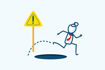 businessman stick figure character jump pass pitfall hole to achieve business success. avoid exclamation sign failure, creativity skill to solve problem. hand drawn style vector doodle illustration