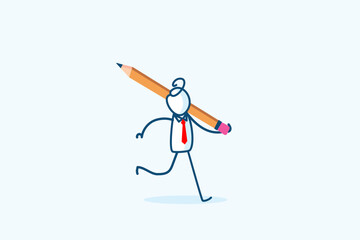 businessman stick figure character hold carrying big pencil. Education and business study concept. hand drawn style vector doodle illustration