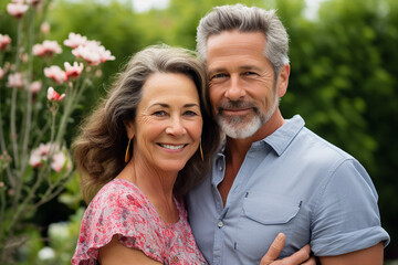 Obraz premium Middle aged love couple walking outside in a park AI generated