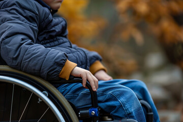 Obraz premium Generated by AI illustration of disabled man woman person using wheelchair on city nature park outdoors disability insurance