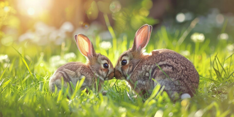 Obraz premium A Pair of Rabbits Munching on Fresh Green Grass in a Sunlit Clearing