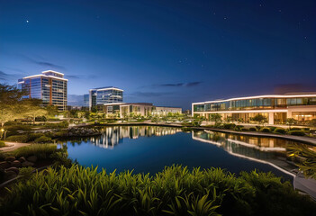 Fototapeta premium Commercial real estate development project, large multi-story office buildings in the city, image of developers and investors planning office buildings,