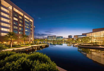 Commercial real estate development project, large multi-story office buildings in the city, image of developers and investors planning office buildings,