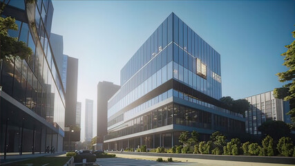 Naklejka premium Commercial real estate development project, large multi-story office buildings in the city, image of developers and investors planning office buildings,