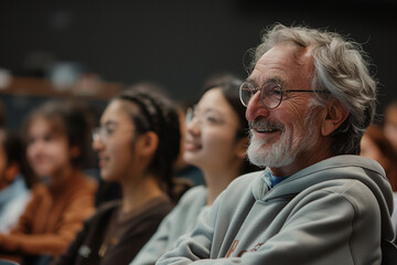 Obraz premium Happy University Professor and Students in auditorium room 