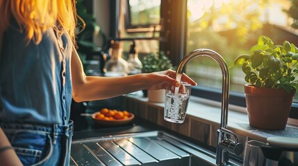 A woman is pouring water from a kitchen faucet into a glass.