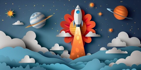  papercraft art illustration, space shuttle launching to outer space, nursery theme background