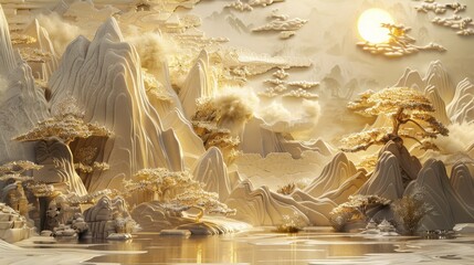 A painting of a tree with a gold moon in the sky