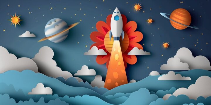  papercraft art illustration, space shuttle launching to outer space, nursery theme background