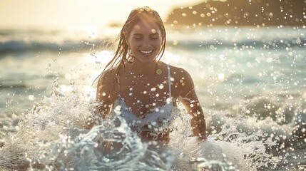 Obraz premium A young woman is running into the splashing water at the beach. The water is splashing all around her and she is smiling and having fun.