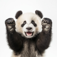 Happy funny panda hands up isolated on white background, concept of celebration, happiness, hooray, cheer up