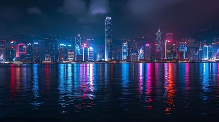 Fototapeta premium city skyline reflected on calm waters at night, with a towering building in the foreground and a dark sky overhead
