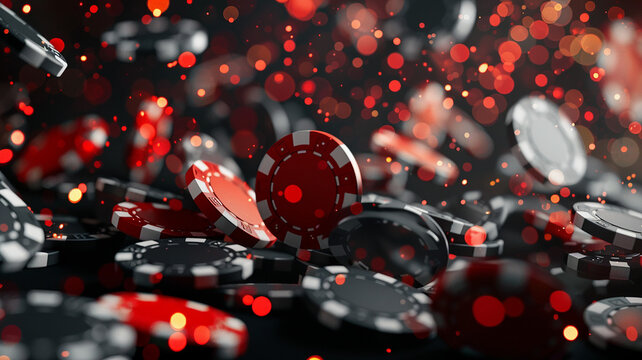 3D render of a slot machine with neon lights and poker chips in the background, close up, casino concept, black, pink, and white colors, stock photo for a banner, in the style of black pink white colo