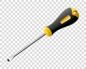 Flat head screwdriver isolated on transparent background. Black and yellow long screwdrivers. Metal tool for Home Repairs and Mechanical Work. Realistic 3d vector illustration.