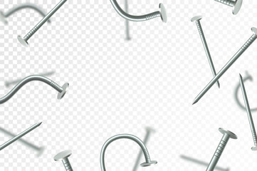 Flying metal nails, isolated on transparent background. Many silver falling nails. ?onstruction, repair tools. Steel chrome nails, grey instruments minimalist concept.