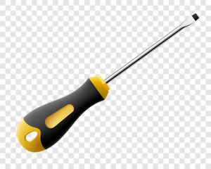 Flat head screwdriver isolated on transparent background. Black and yellow long screwdrivers. Metal tool for Home Repairs and Mechanical Work. Realistic 3d vector illustration.