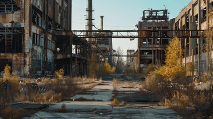 A decaying industrial park, with skeletal factories, stands in silent testament to a bygone era.
