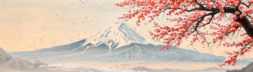 a majestic mountain stands tall amidst a sea of trees, with a vibrant red tree adding a pop of color to the scene