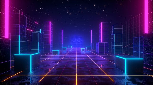 Neon-lit retro futuristic digital grid