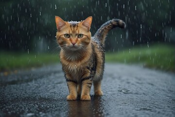 Cute little cat abandoned in the heavy rain abandoned on street, a homeless baby kitty