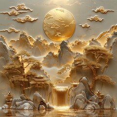 A painting of a tree with a gold moon in the sky