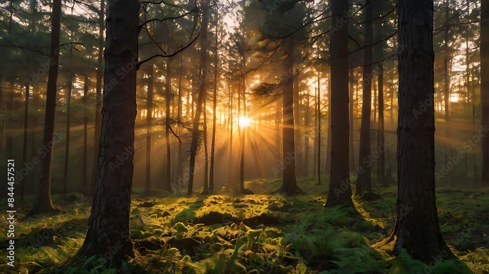 Wall mural Sunrise view in a beautiful green forest landscape with long and crowded trees