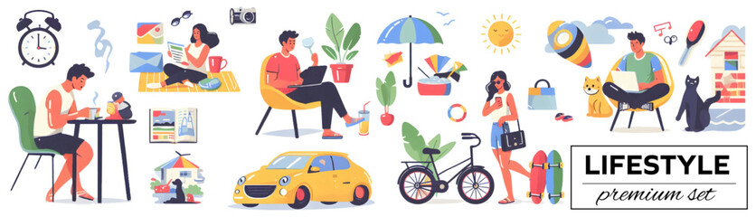 Freelance Work and Leisure Activities Set, Modern Lifestyle Collection, Contemporary Daily Life Illustrations, Urban Living and Recreation Scenes, Transparent SET of png or vector pack, flat