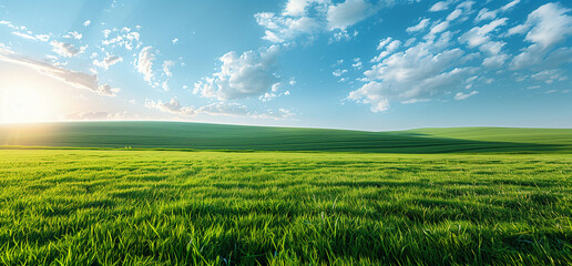 Nature landscape with green meadows, blue sky with clouds and mountains in the background. classic green landscape, Generative AI © Super Stocks