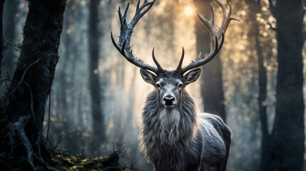 A deer stands in the forest lit by evening light