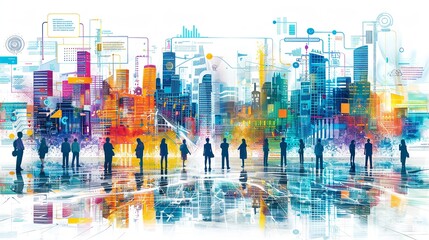 A digital illustration featuring silhouettes of people standing in front of a vibrant abstract cityscape composed of colorful blocks and lines