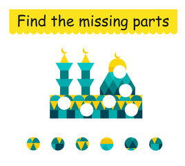 Game for children. Cute cartoon mosque. Find the missing pieces.