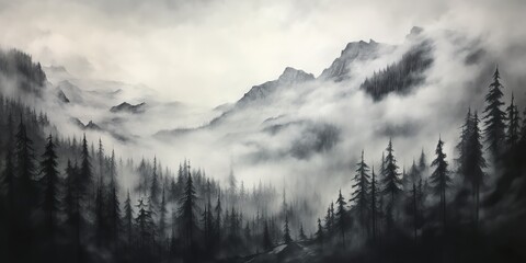 charcoal pencil drawing paint sketch of mountains cowered in mist with forest trees. Nature outdoor adventure travel landscape background scene view