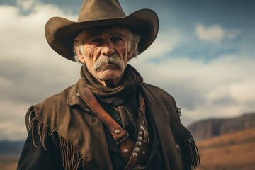 Portrait of an elderly cowboy with a stern look, wearing a hat and traditional western attire