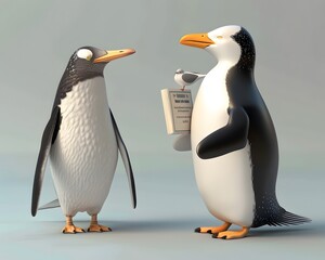 Obraz premium Illustration of Penguin arguing with a seagull over a golf rule, holding tiny rule books. Ai Generate.