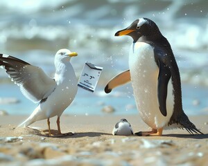 Fototapeta premium Illustration of Penguin arguing with a seagull over a golf rule, holding tiny rule books. Ai Generate.