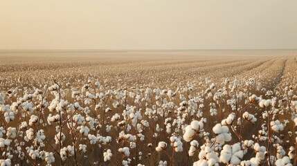 Fototapeta premium Cotton fields stretch out, adorned with white bolls shining under a hazy sky, painting a serene scene.