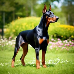 A black Doberman standing in a bright garden, an image generated by artificial intelligence