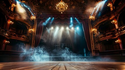 Opulent Theatrical Stage with Dramatic Lighting and Smoky Atmosphere in Historic Opera House