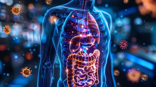Vector of proteins and enzymes in the intestines aiding food digestion postdetox, with nutrient particles highlighted