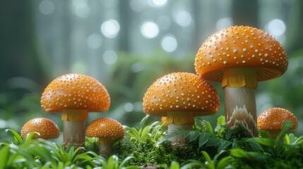 Three mushrooms are growing in the forest, surrounded by green plants and trees. The mushrooms are orange and white and are sitting on top of a mossy surface. 